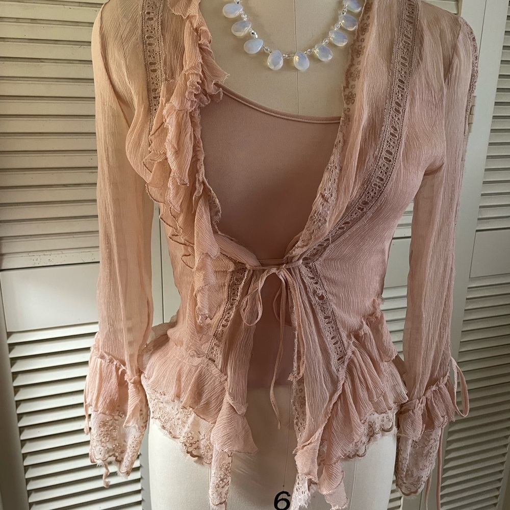 Pink /beige Ruffled Tie Front Long Sleeve AnnaRita N Blouse